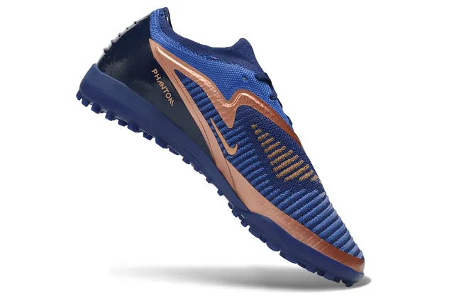 Nike Phantom GT Blue Gold Knit Upper Metallic Copper Overlays Turf Soccer Shoes 2