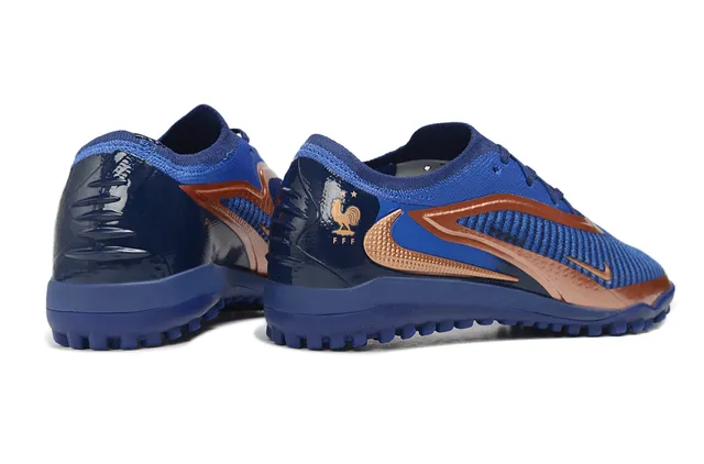 Nike Phantom GT Blue Gold Knit Upper Metallic Copper Overlays Turf Soccer Shoes 5