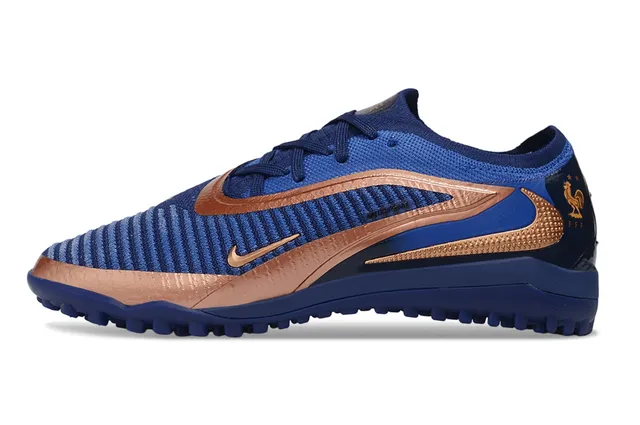 Nike Phantom GT Blue Gold Knit Upper Metallic Copper Overlays Turf Soccer Shoes 7