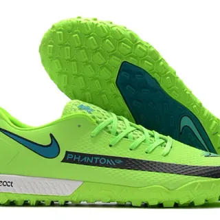 Nike Phantom GT Verde Azul Sapatos de Futebol para Relva de Corte Baixo com Colar de Ajuste a Meia, Parte Superior Sintética Texturizada