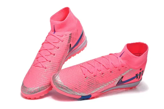 Nike Pink Blue Flyknit Upper Sock-Fit Collar Turf Soccer Shoes 2