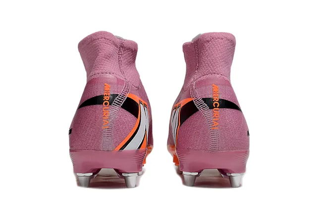 Nike Sapatos de futebol rosa laranja com upper de corte alto, ajuste de meia, construção de malha, solo firme 4