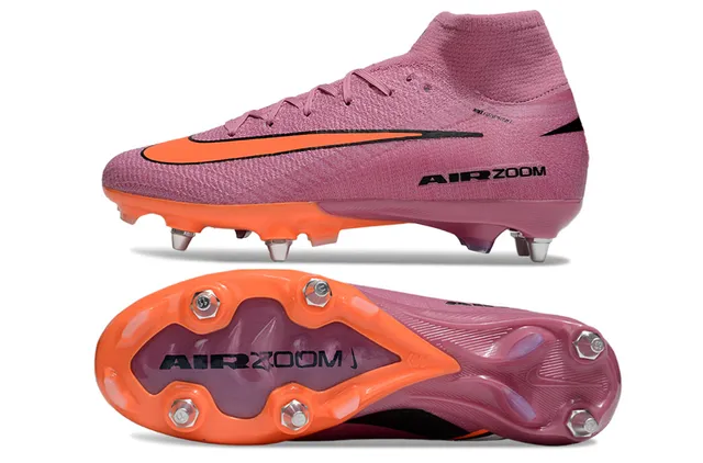 Nike Sapatos de futebol rosa laranja com upper de corte alto, ajuste de meia, construção de malha, solo firme 5