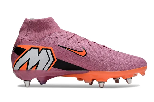 Nike Sapatos de futebol rosa laranja com upper de corte alto, ajuste de meia, construção de malha, solo firme 7