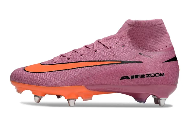 Nike Sapatos de futebol rosa laranja com upper de corte alto, ajuste de meia, construção de malha, solo firme 8