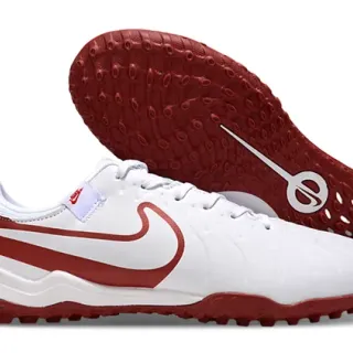 Nike branco vermelho baixo perfil sintético superior costurado superposição construção relvado calçado de futebol