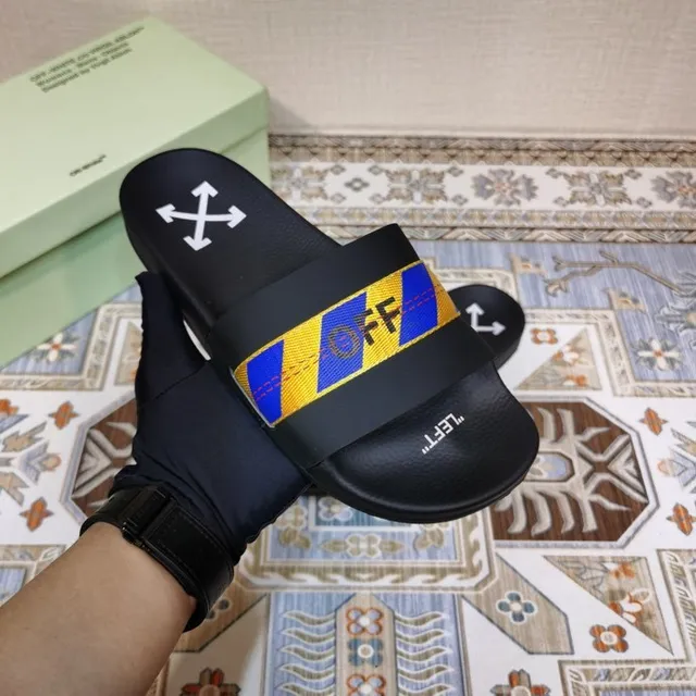 Off-White Slide Black Blue Yellow Industrial Stripe Slippers 5