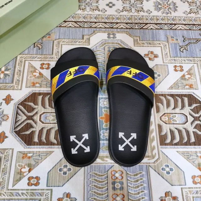 Off-White Slide Black Blue Yellow Industrial Stripe Slippers 7
