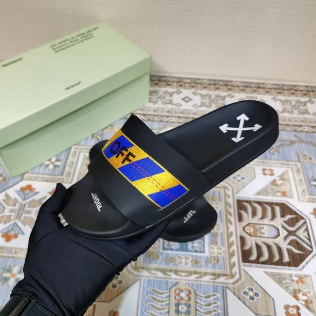 Off-White Slide Black Blue Yellow Industrial Stripe Slippers 8