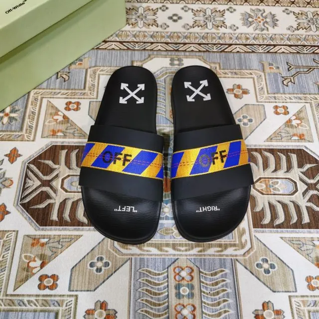 Off-White Slide Black Blue Yellow Industrial Stripe Slippers 9