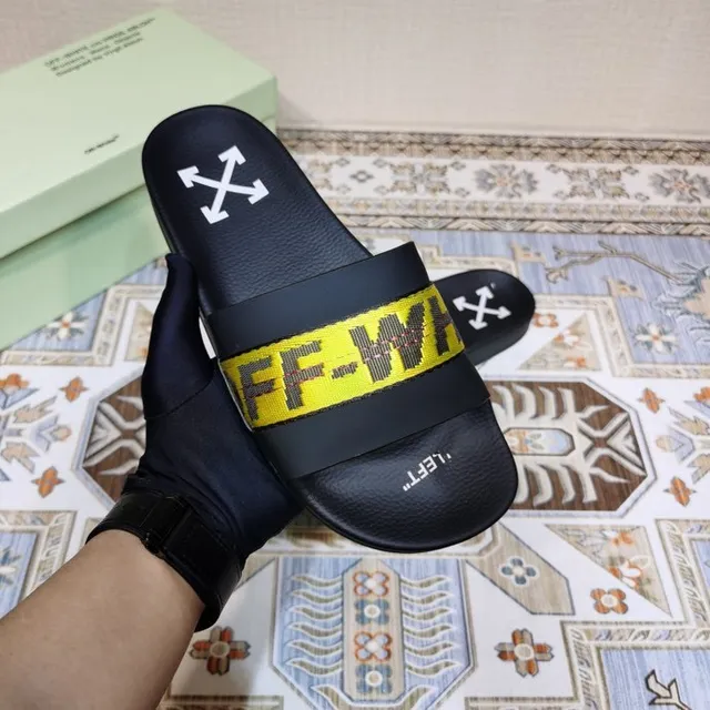 Off-White Slide أسود أصفر حزام صناعي نعال 2