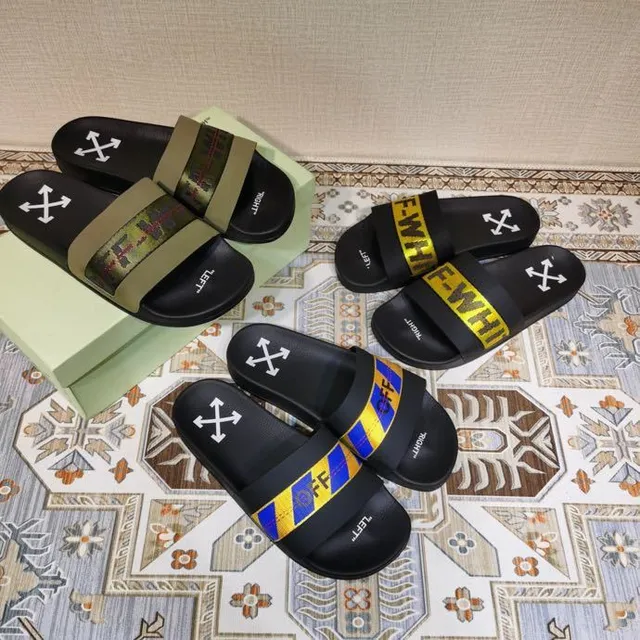 Off-White Slide أسود أصفر حزام صناعي نعال 4