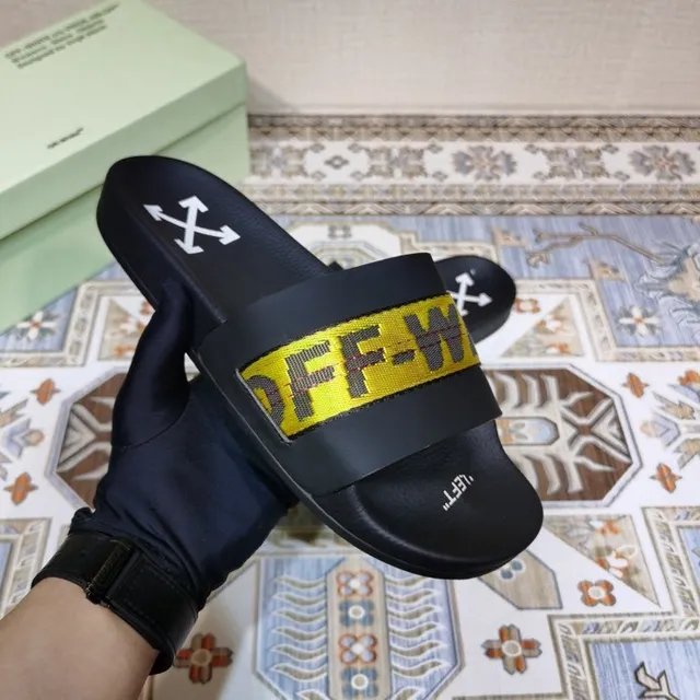 Off-White Slide أسود أصفر حزام صناعي نعال 5