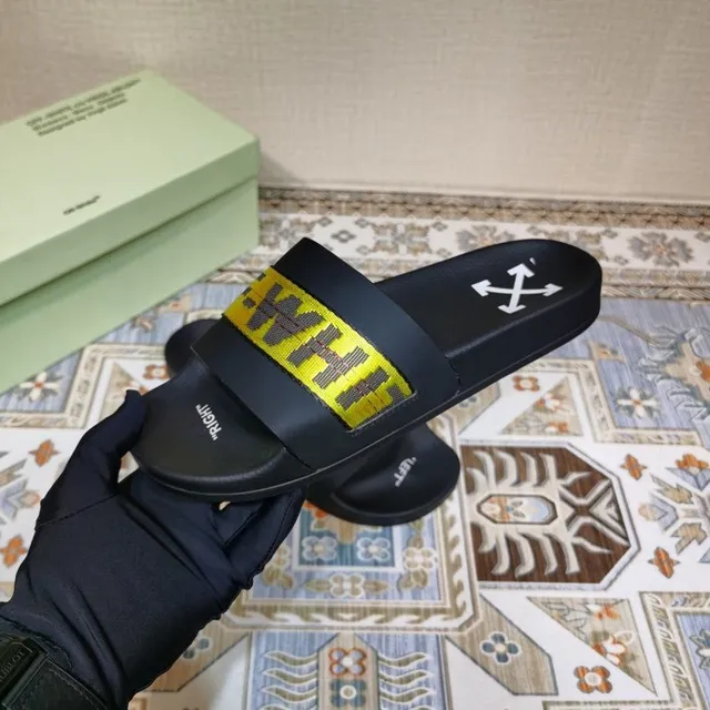 Off-White Slide أسود أصفر حزام صناعي نعال 6