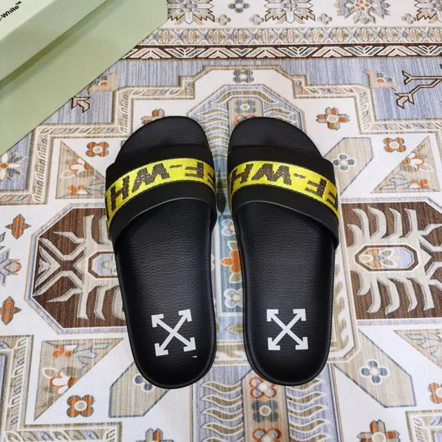 Off-White Slide أسود أصفر حزام صناعي نعال 8