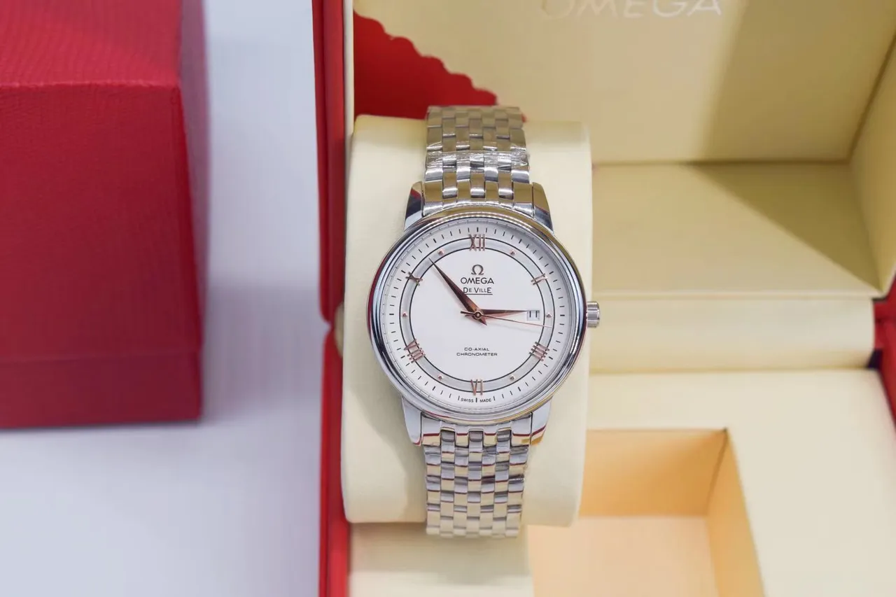 Omega De Ville وجه أبيض بلون فضي ساعة ميكانيكية 8