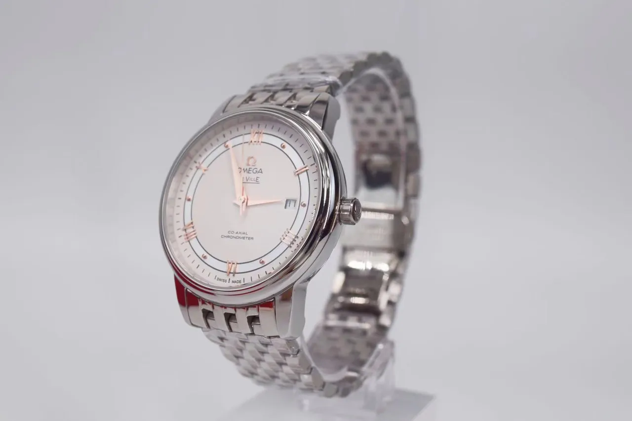 Omega De Ville وجه أبيض بلون فضي ساعة ميكانيكية 9