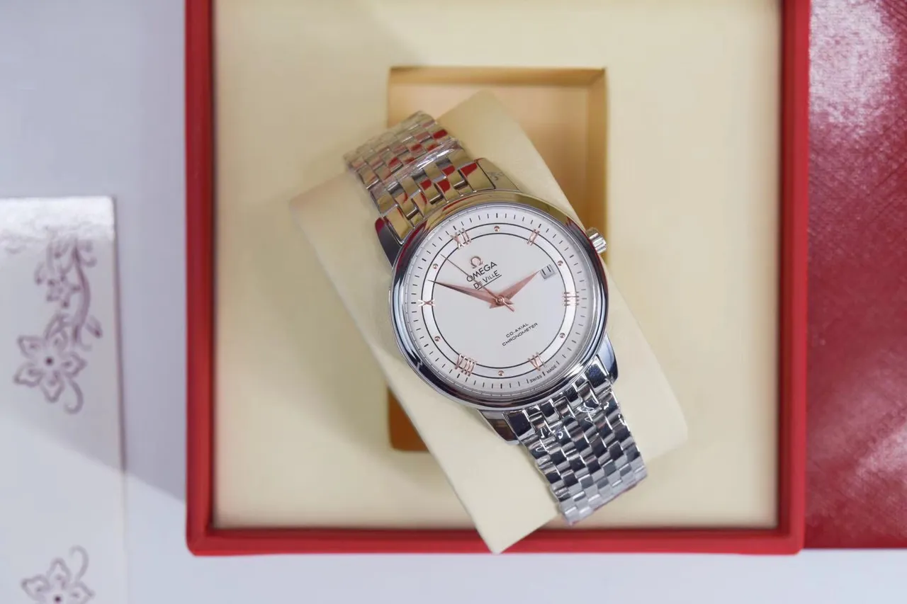 Omega De Ville وجه أبيض بلون فضي ساعة ميكانيكية 10