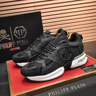 Philipp Plein Active কালো সাদা হেক্সাগোনাল PP Logo মেশ এবং লেদার প্যানেলিং চাঙ্কি স্নিকার