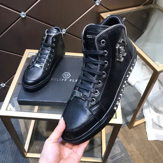 Philipp Plein Negro Plata Zapatillas Lifestyle de Cuero Pebbled de Caña Alta 2
