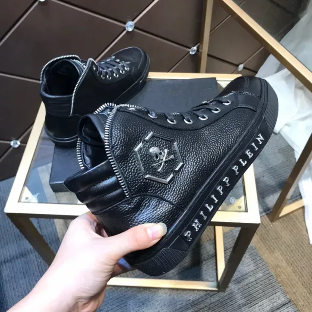 Philipp Plein Negro Plata Zapatillas Lifestyle de Cuero Pebbled de Caña Alta 4