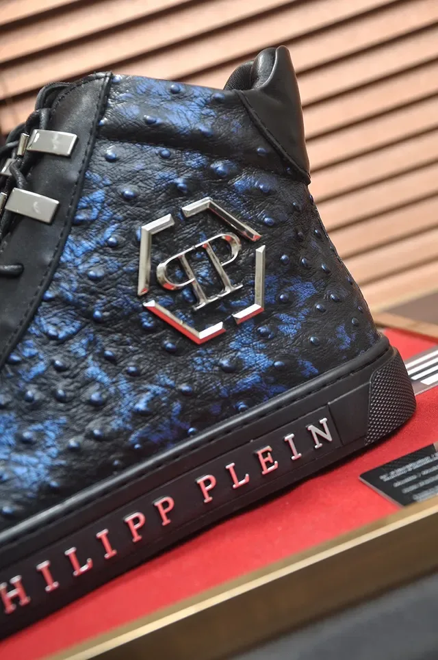 Philipp Plein High-Top Ostrich-Textured Black Blue Lifestyle Sneakers 9