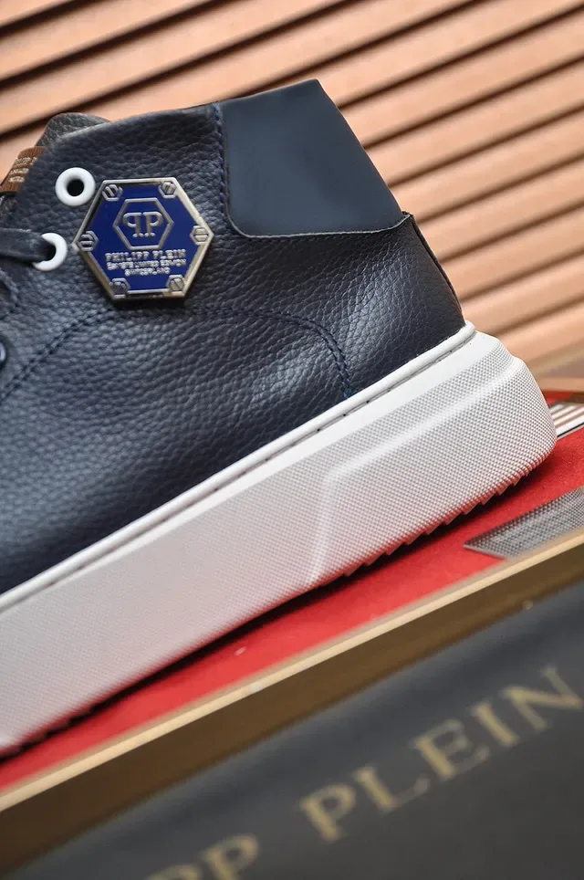 Philipp Plein Navy White High-Top Pebbled Leather Upper Lifestyle Sneakers 3