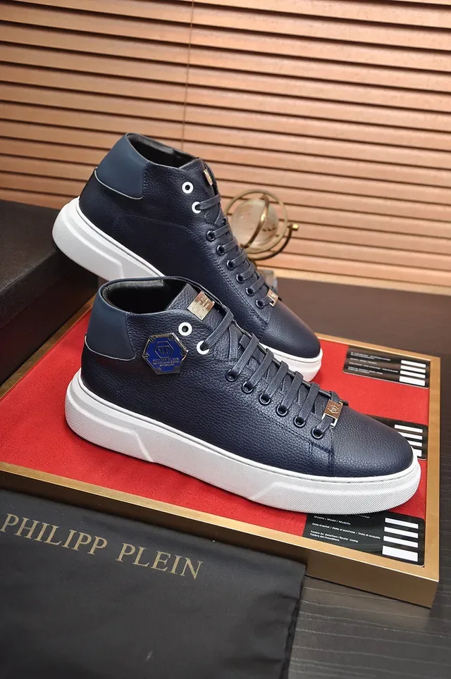 Philipp Plein Navy White High-Top Pebbled Leather Upper Lifestyle Sneakers 4