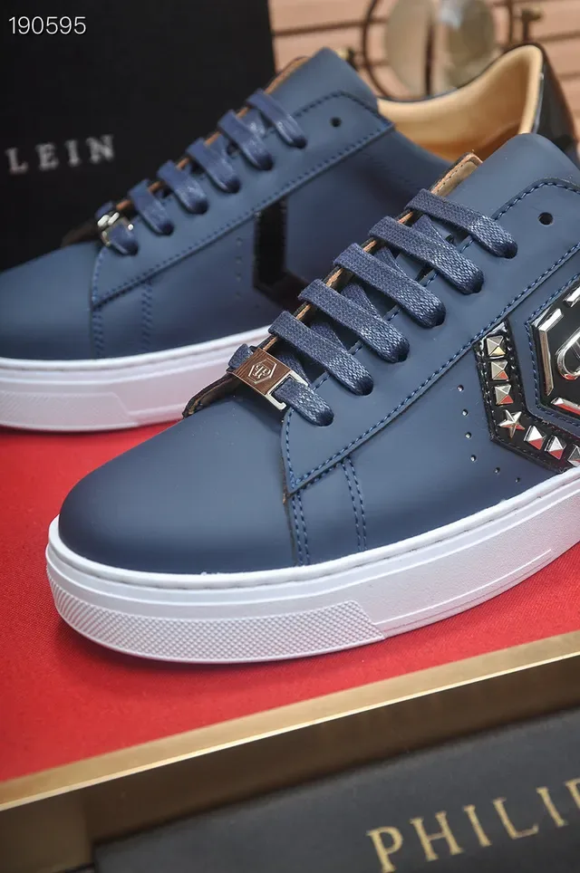 Philipp Plein नेवी व्हाइट चमड़े के स्टडेड हेक्सागोनल लोगो लाइफस्टाइल स्नीकर 4