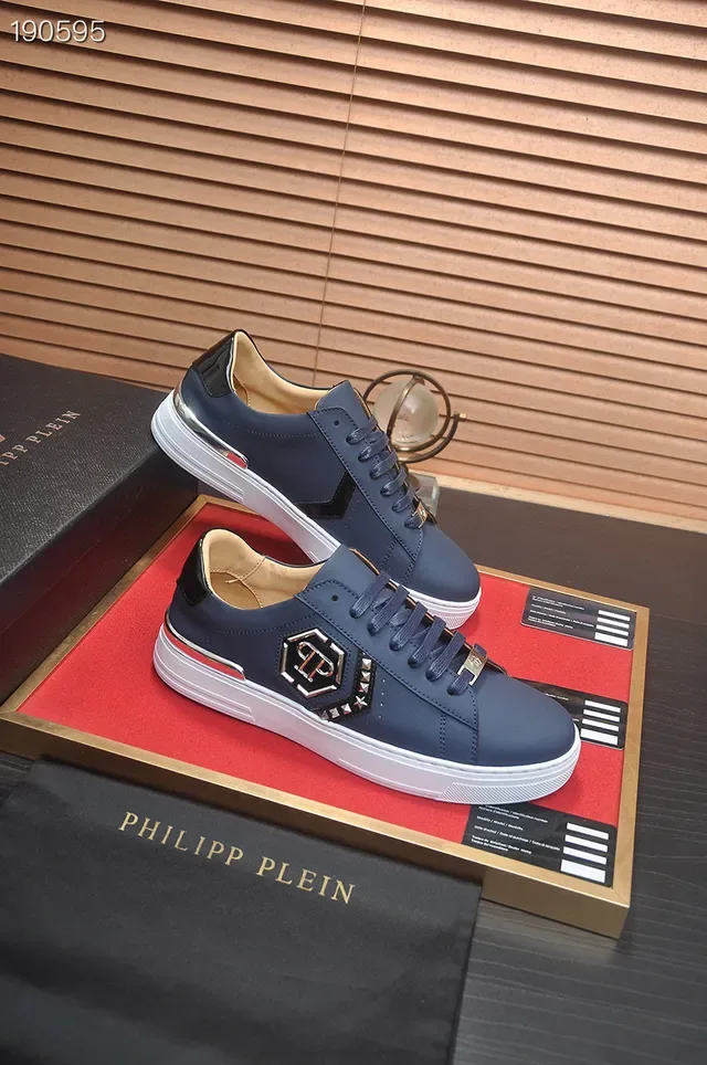 Philipp Plein नेवी व्हाइट चमड़े के स्टडेड हेक्सागोनल लोगो लाइफस्टाइल स्नीकर 5
