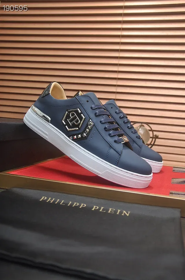 Philipp Plein नेवी व्हाइट चमड़े के स्टडेड हेक्सागोनल लोगो लाइफस्टाइल स्नीकर 8