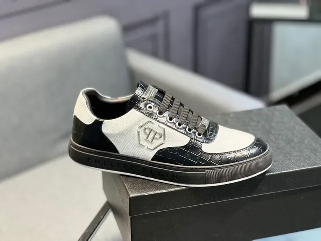 Philipp Plein Sport Tênis Lifestyle Preto Branco Patente Croc-Embossed Overlays Painéis Texturizados 9