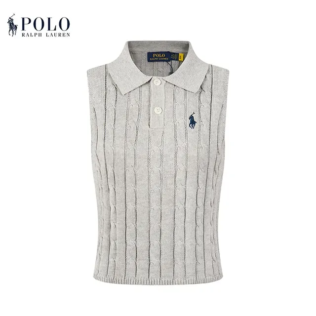 Polo Ralph Lauren Beige Navy Cable-Knit Sleeveless Polo Shirt 2