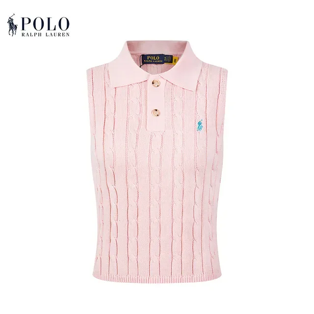 Polo Ralph Lauren Beige Navy Cable-Knit Sleeveless Polo Shirt 6