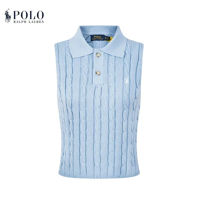 Polo Ralph Lauren Beige Navy Cable-Knit Sleeveless Polo Shirt 10
