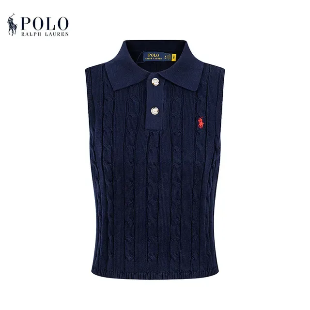 Polo Ralph Lauren Beige Navy Cable-Knit Sleeveless Polo Shirt 12