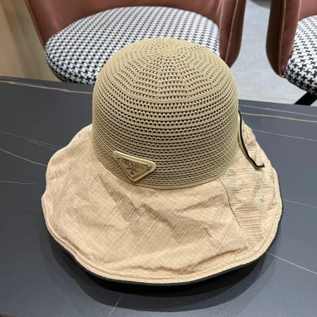 Prada Beige Black Lined Interior Mesh Crown Bucket Hat 4