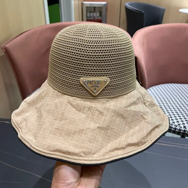 Prada Beige Black Lined Interior Mesh Crown Bucket Hat 9
