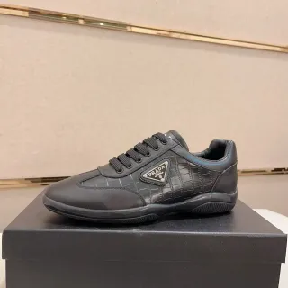 Prada Black Blue Crocodile-Embossed Leather Triangular Logo Plaque Lifestyle Sneakers