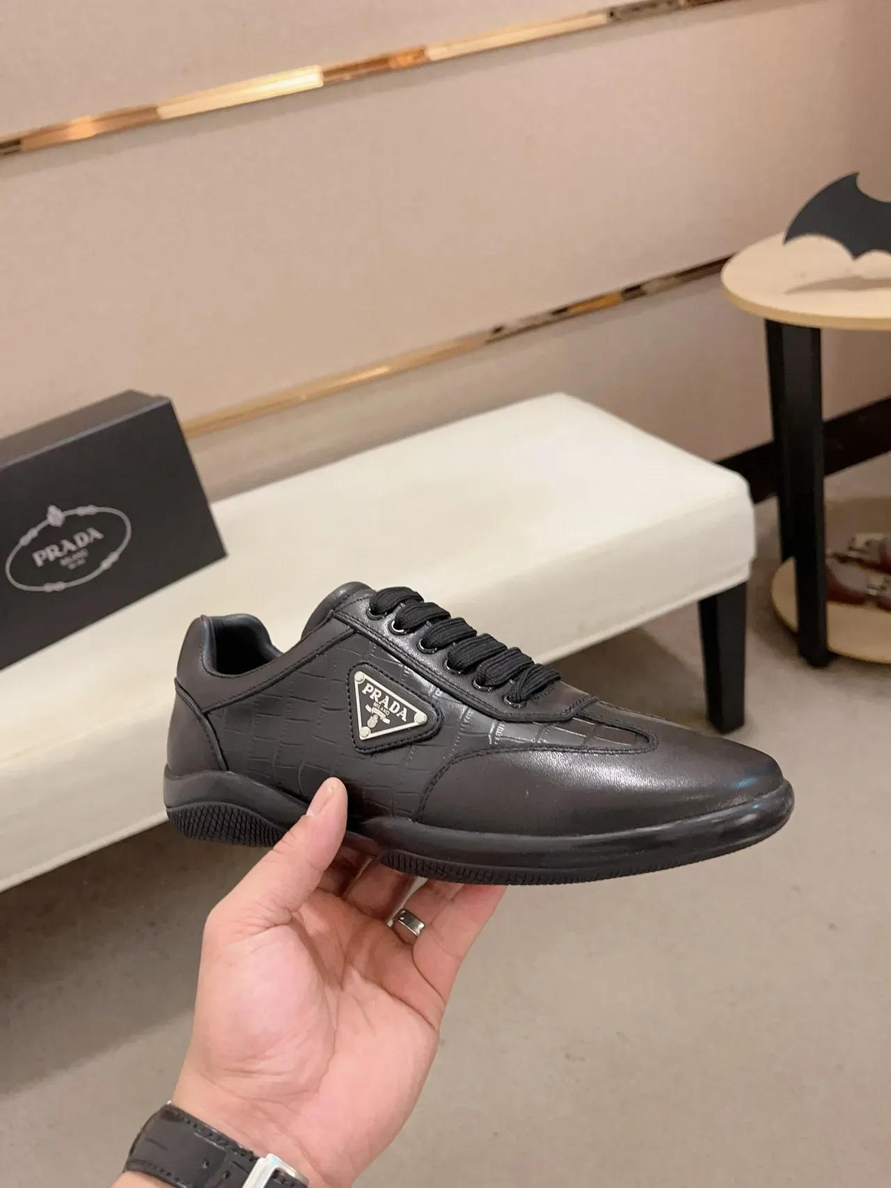 Prada Black Blue Crocodile-Embossed Leather Triangular Logo Plaque Lifestyle Sneakers 5