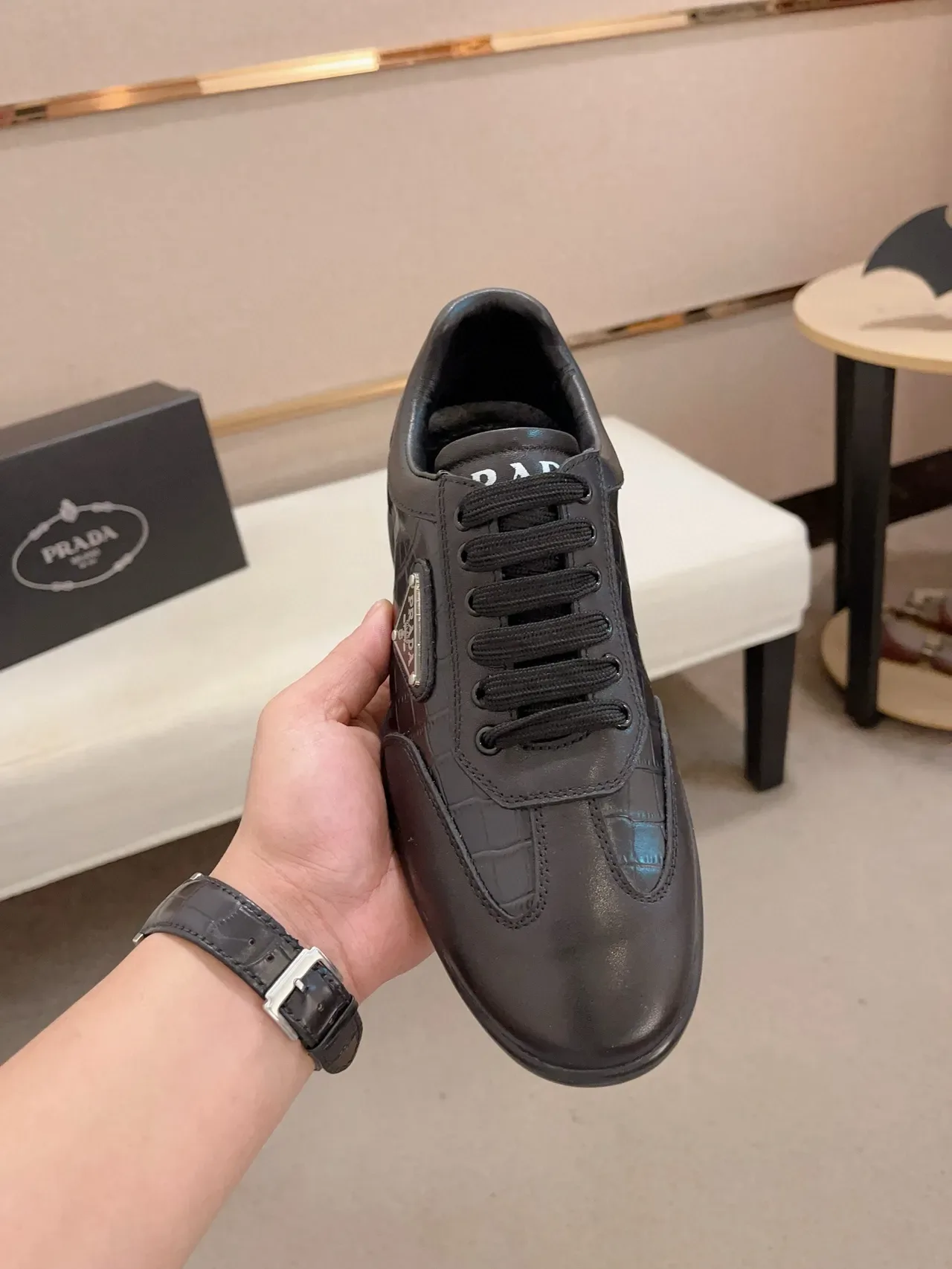 Prada Black Blue Crocodile-Embossed Leather Triangular Logo Plaque Lifestyle Sneakers 6