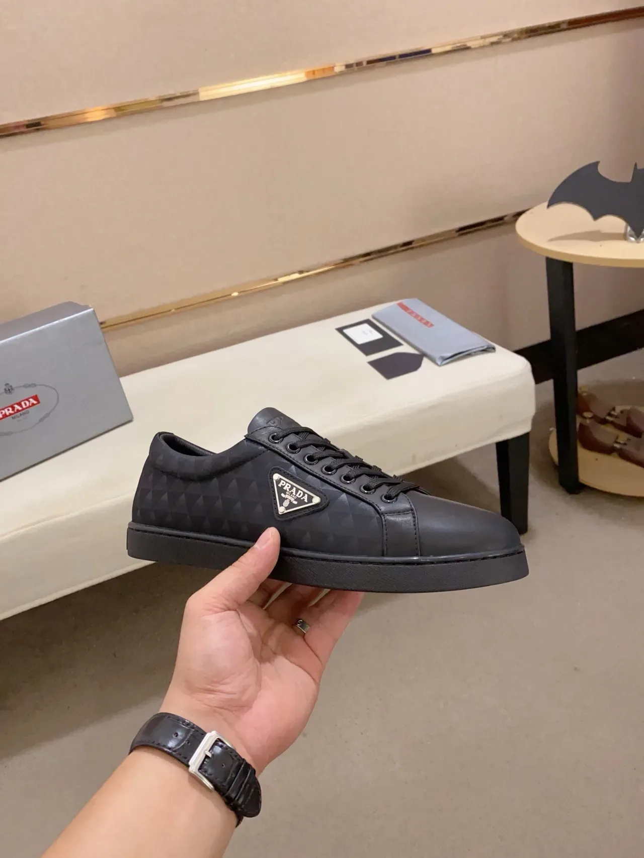 Prada Sneaker Lifestyle Preto Geométrico Matelassado Low-Top 5