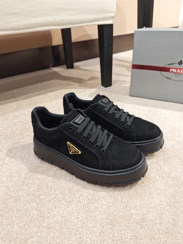 Prada Black Gold Suede Upper Platform Sole Lifestyle Sneakers 5