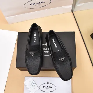 Prada Black Silver Textured Leather Metal Triangular Logo Plaque Loafer