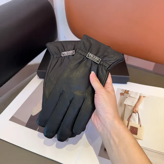 Prada guantes de cuero negro suave con puño elástico ribeteado 2