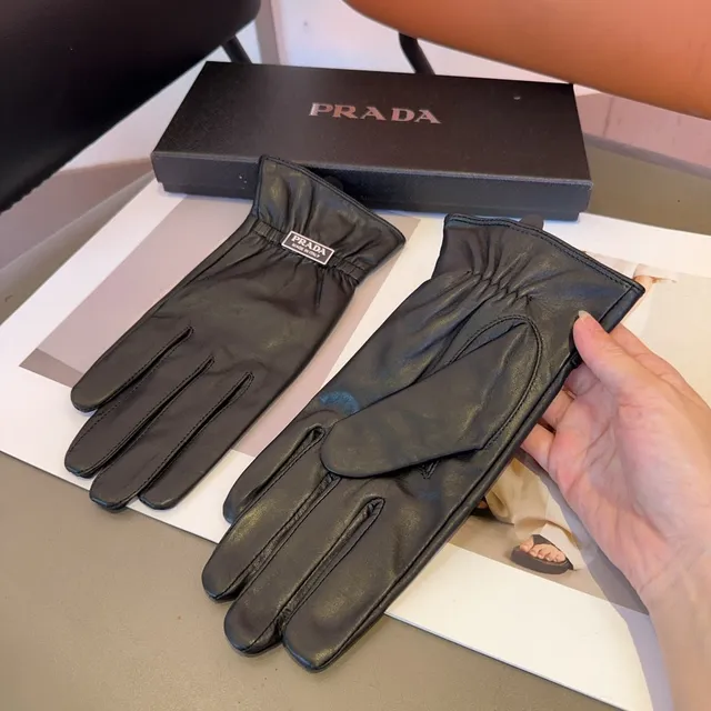 Prada guantes de cuero negro suave con puño elástico ribeteado 4