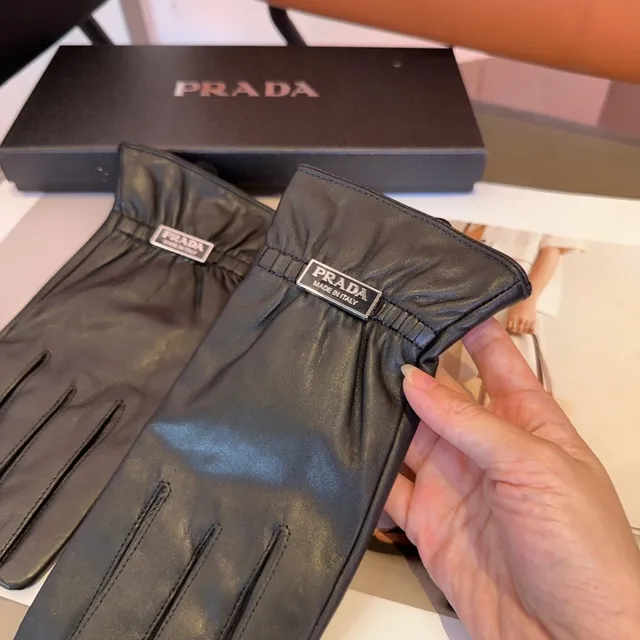 Prada guantes de cuero negro suave con puño elástico ribeteado 5