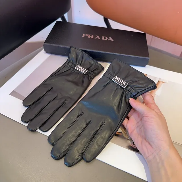 Prada guantes de cuero negro suave con puño elástico ribeteado 6