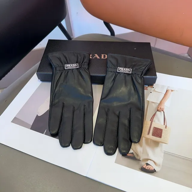 Prada guantes de cuero negro suave con puño elástico ribeteado 8