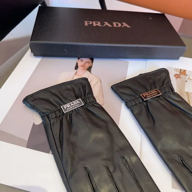Prada guantes de cuero negro suave con puño elástico ribeteado 10